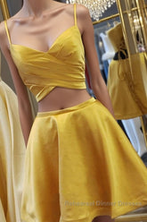 Two Pieces Short Yellow Semi Formal Prom Dresses, Short Yellow 2 Pieces Formal Homecoming Dresses